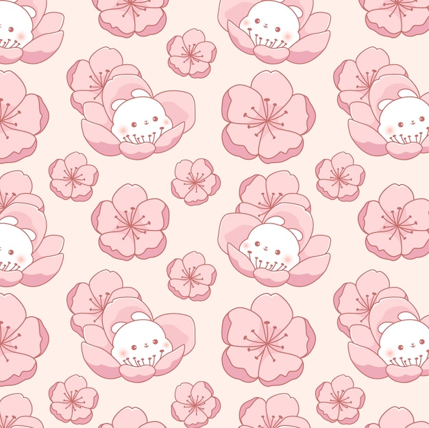 Cute hand drawn cherry blossoms  blooming seamless pattern kawaii doodle