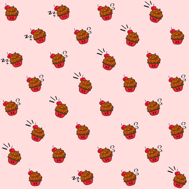 Cute Hand Drawn Chocolate Cupcake Character Seamless Pattern