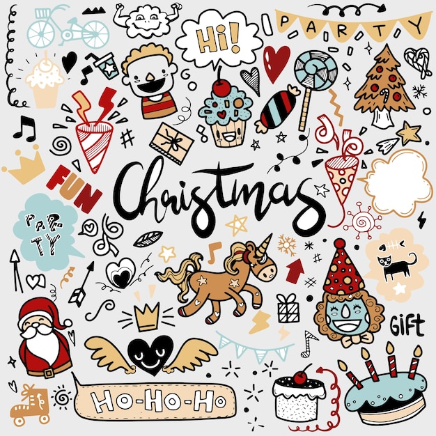 Cute hand drawn Christmas doodles,  set of Christmas design element in doodle style,Sketchy  hand drawn Doodle cartoon set of objects  on the Merry Christmas theme ,Each on a separate layer.