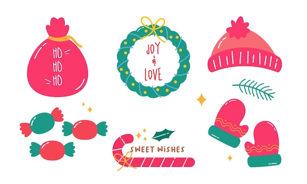 Cute Hand Drawn Colorful Christmas Doodles Set of Christmas Elements Collection in Doodle Style