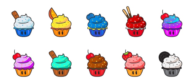 Cute Hand Drawn Cupcakes Vector Illustrator Set