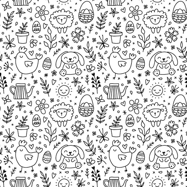 Cute hand drawn doodle Easter seamless pattern with bunnies, flowers, easter eggs.