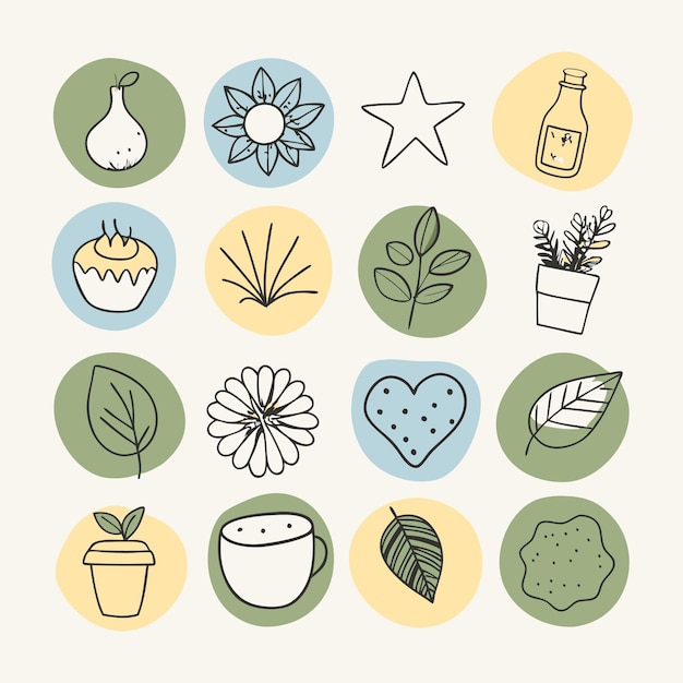 Vector cute hand drawn doodle icons flowers leaves and more