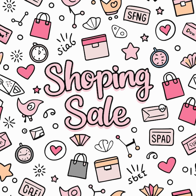 Vector cute hand drawn doodle shopping sale seamless pattern