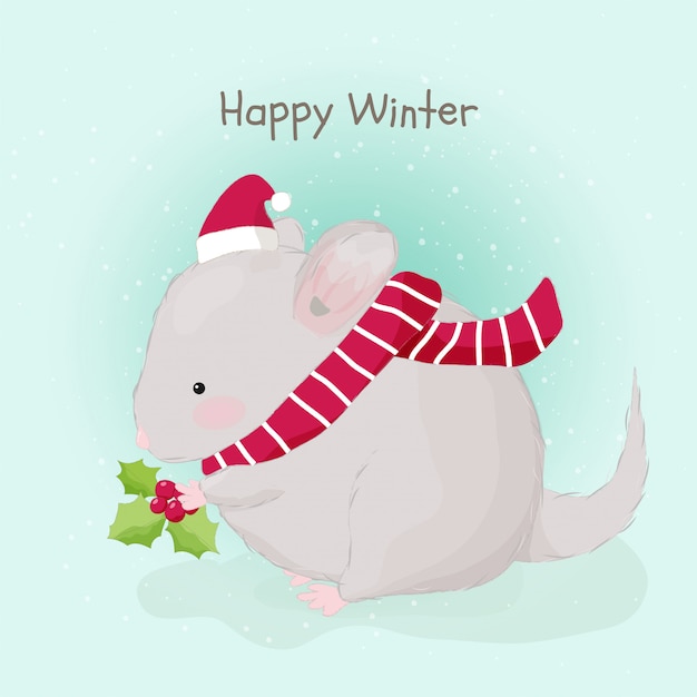 Cute hand drawn fat mouse wearing Santa hat