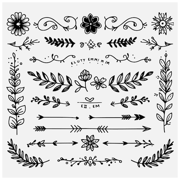 Cute Hand drawn flower ornament text dividers arrows and laurel design elements Stock illustration