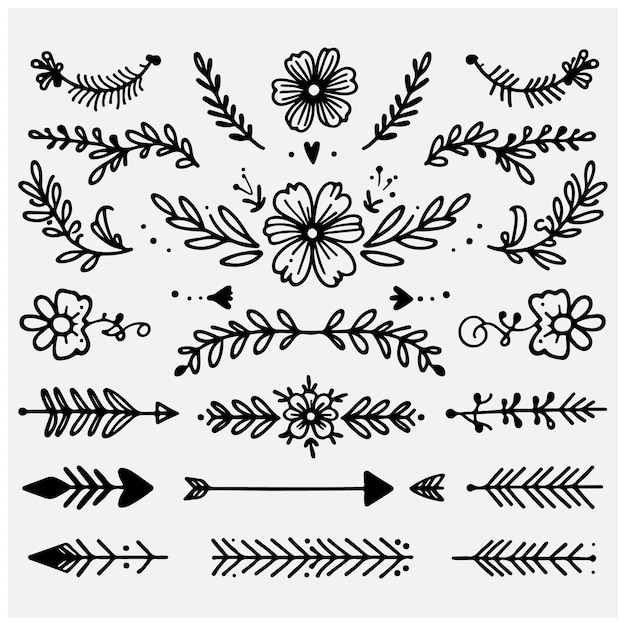 Cute Hand drawn flower ornament text dividers arrows and laurel design elements Stock illustration