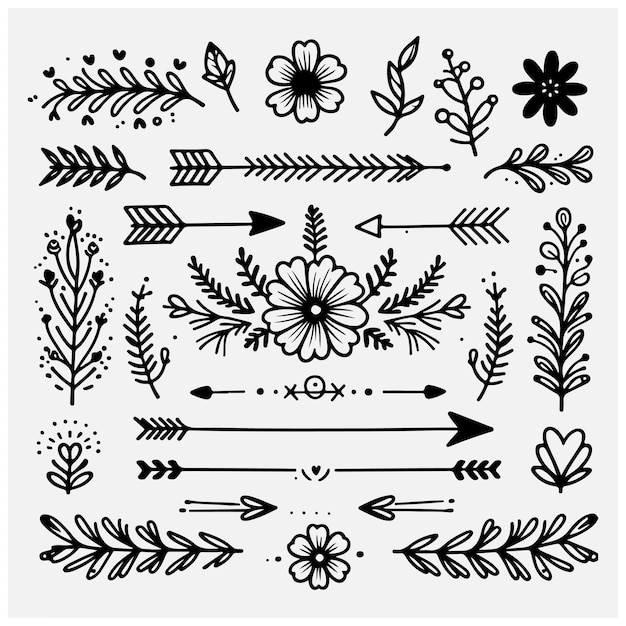 Cute Hand drawn flower ornament text dividers arrows and laurel design elements Stock illustration