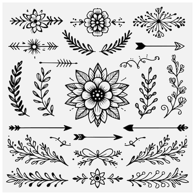 Cute Hand drawn flower ornament text dividers arrows and laurel design elements Stock illustration