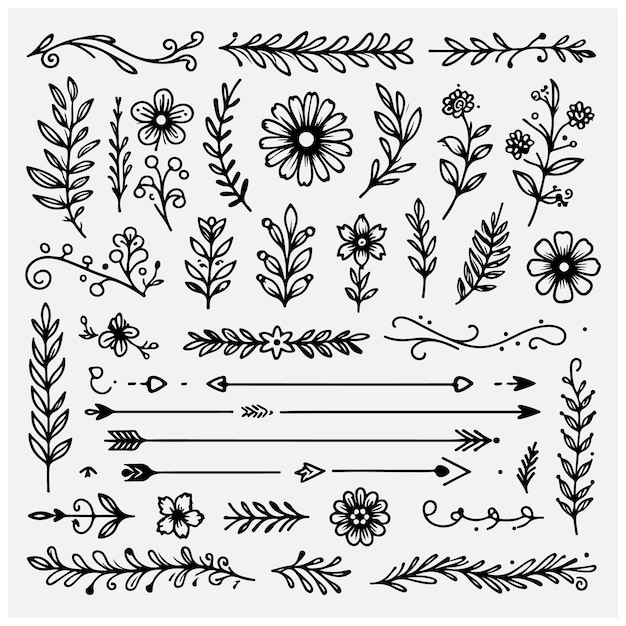 Cute Hand drawn flower ornament text dividers arrows and laurel design elements Stock illustration