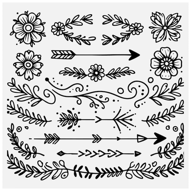 Cute Hand drawn flower ornament text dividers arrows and laurel design elements Stock illustration