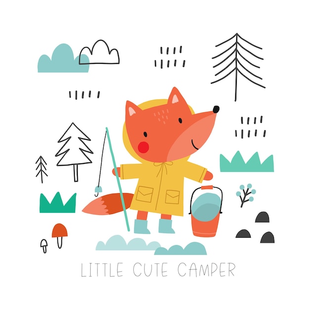 Cute hand drawn fox camper in scandinavian style A big adventure with animals cartoon character