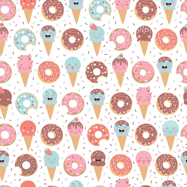 Cute hand drawn ice cream donuts cupcakes candies and sweets seamless pattern background