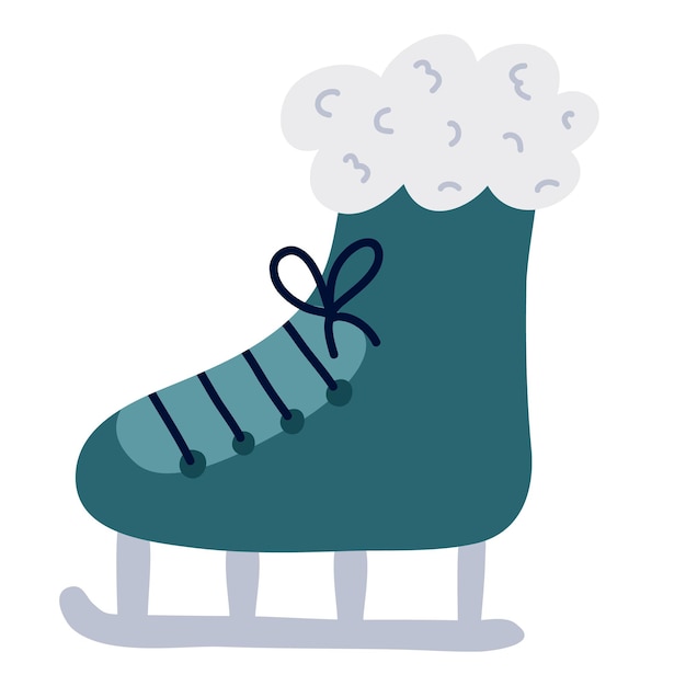 Cute hand drawn ice skate with fur lace and steel blade Stylized illustration vector of shoe for wintertime active sport recreation fun ice skating Symbol of winter merry Christmas and holiday