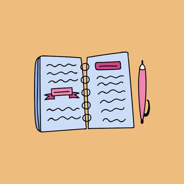 Cute hand drawn isolated clipart of open ring notebook with notes and pen notepad planner for education and scheduling