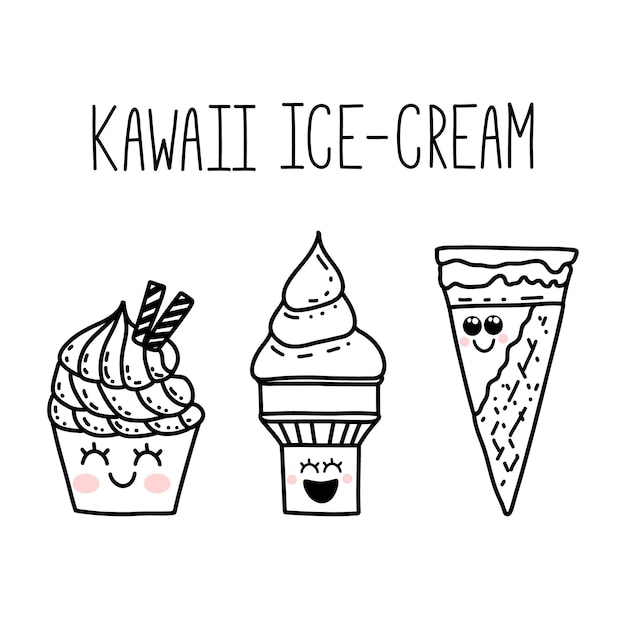 Cute hand drawn kawaii cartoon characters Ice cream with smiling faces Fun happy doodles for kids