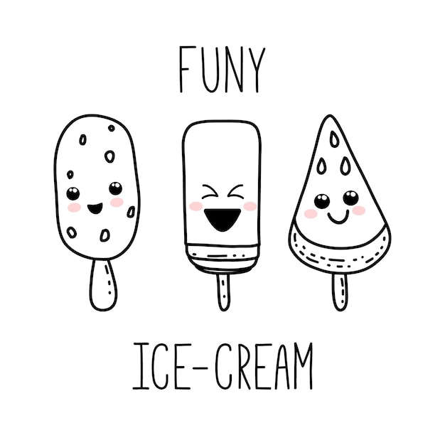 Cute hand drawn kawaii cartoon characters Ice cream with smiling faces Fun happy doodles for kids