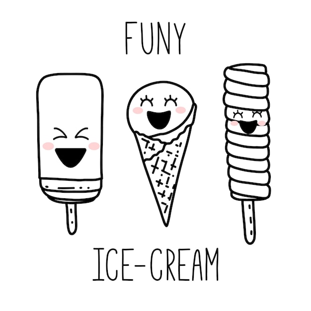 Cute hand drawn kawaii cartoon characters Ice cream with smiling faces Fun happy doodles for kids