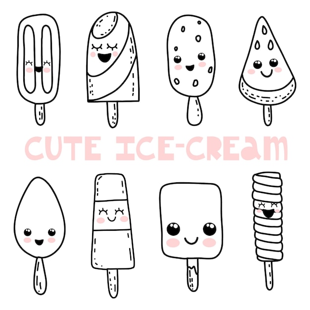 Cute hand drawn kawaii cartoon characters Ice cream with smiling faces Fun happy doodles for kids