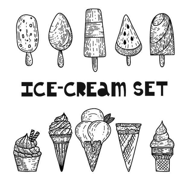 Cute hand drawn kawaii cartoon characters Ice cream with smiling faces Fun happy doodles for kids