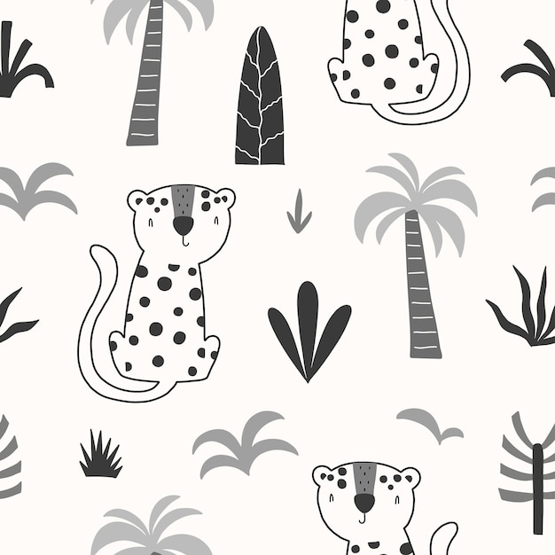 Cute hand drawn leopard surrounded by tropical plants Hand drawn doodle style vector illustration for your design