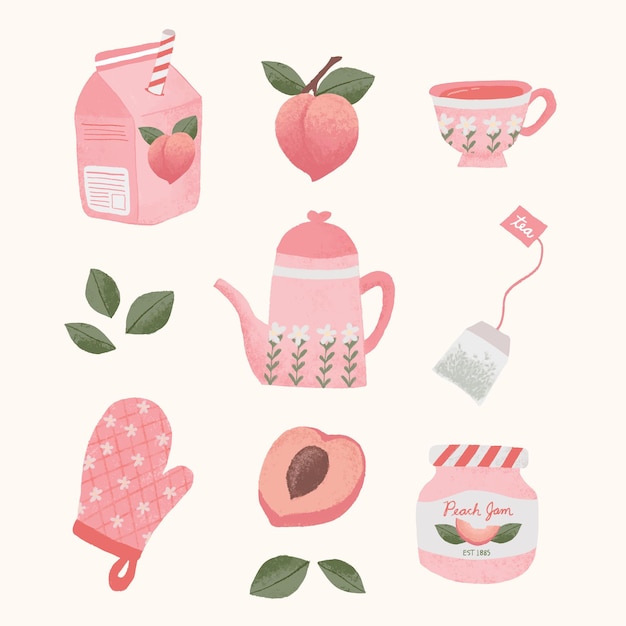 Cute hand drawn pastel peach items set sticker stationery