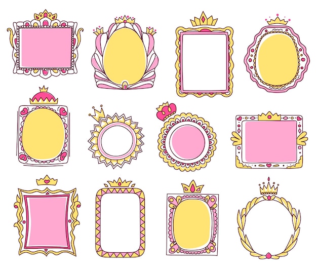 Cute hand drawn pink princess frames with crowns. Sketch photo or mirror frame with tiara, girly doodle border for baby princesses vector set. Royal romantic framework with swirls isolated on white