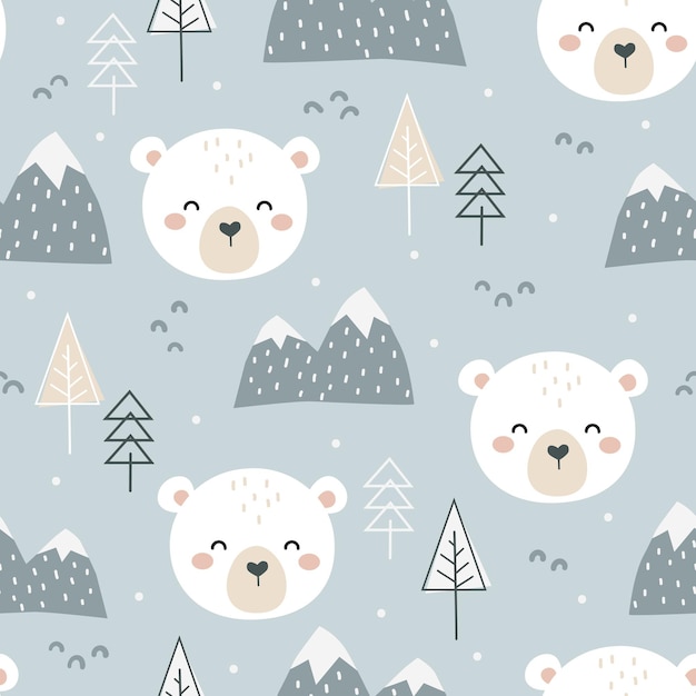 Cute hand drawn seamless pattern with Polar Bear, forest elements and snowy mountains.