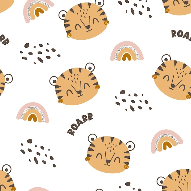 Cute hand drawn seamless pattern with tiger and rainbow Seamless pattern with cartoon animals face