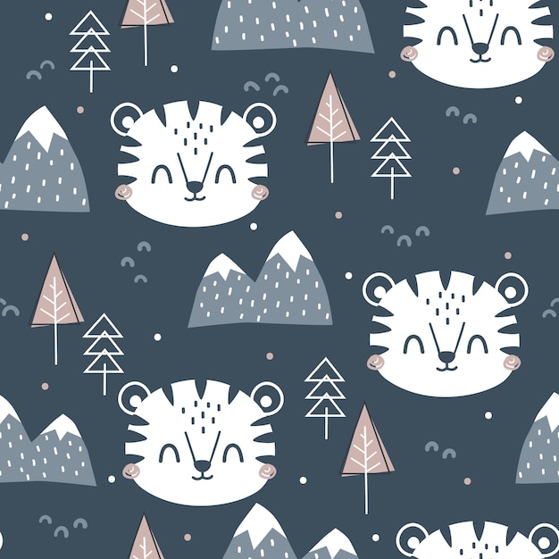 Cute hand drawn seamless pattern with tiger trees and snowy mountains Creative scandinavian woodla