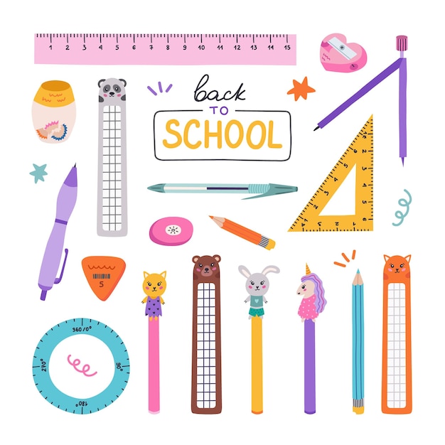 Vector cute hand drawn set of back to school stationery in cartoon style collection of rulers protractor compass erasers sharpeners ballpoint pen bookmarks school supply for study draw and work