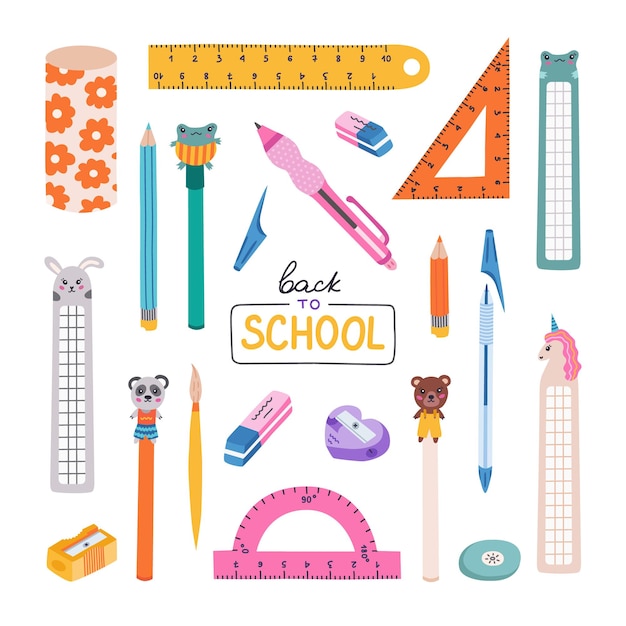 Cute hand drawn set of back to school stationery in cartoon style Collection of rulers protractor compass erasers sharpeners ballpoint pen bookmarks School supply for study draw and work