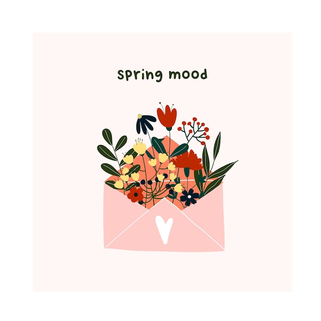 Cute hand drawn spring envelope with blooming flowers