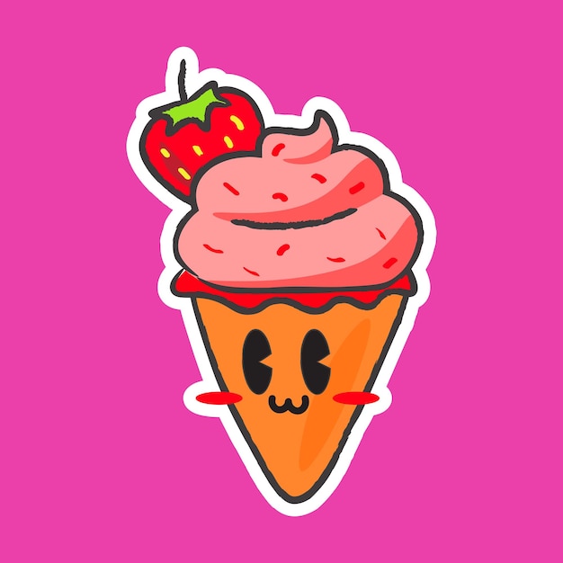 Cute Hand Drawn Strawberry Ice Cream Character Vector Illustration