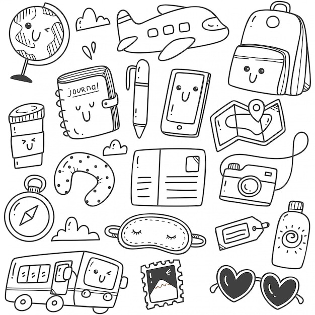 Cute hand drawn travel doodles kawaii line art