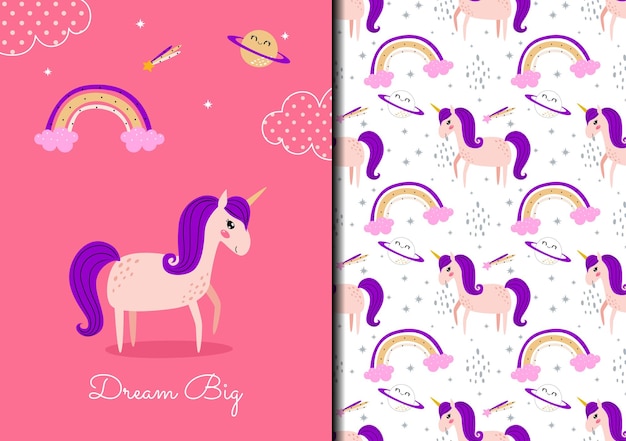 Cute hand drawn unicorn dream big seamless pattern