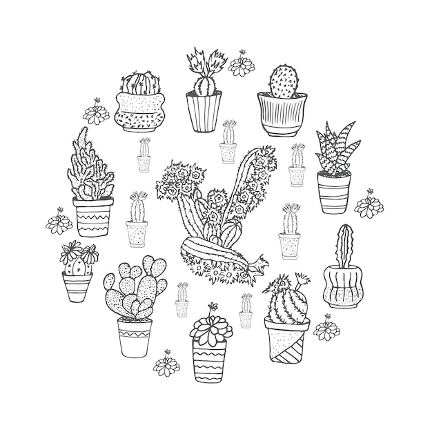 Cute hand drawn vector cactuse in the pots