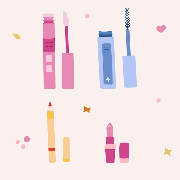 Cute hand drawn vector set with lipstick eyebrow pencil lipstick pencil mascara lip gloss Colorful stylized clipart about beauty care cosmetic Can be used for stickers social media posters