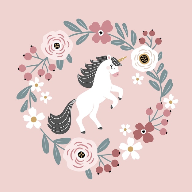 Cute hand drawn vector unicorn in floral wreath