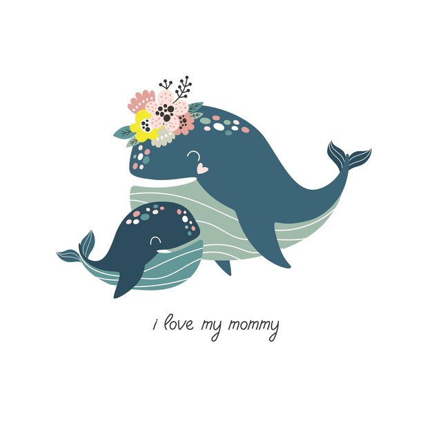 Vector cute hand drawn whale with flowers mom and baby cartoon vector illustration for print