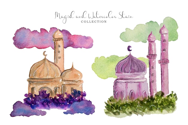 a cute hand painted mosque watercolor with cloud watercolor stain element