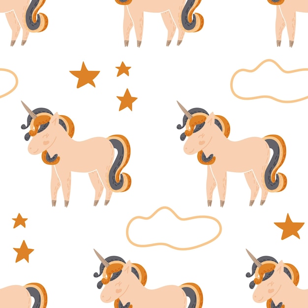 Cute handdraw childish seamless pattern with a kind unicorn in cartoon style on a white background