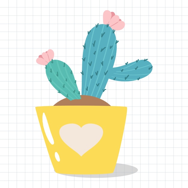 Cute handdrawn cactus houseplant Icon of cactus plant in pot with flower and spines