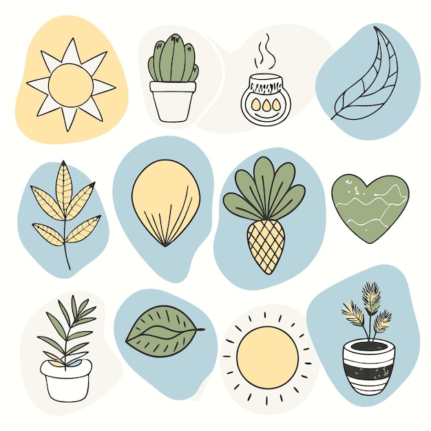 Vector cute handdrawn plants and sun icons for your design projects