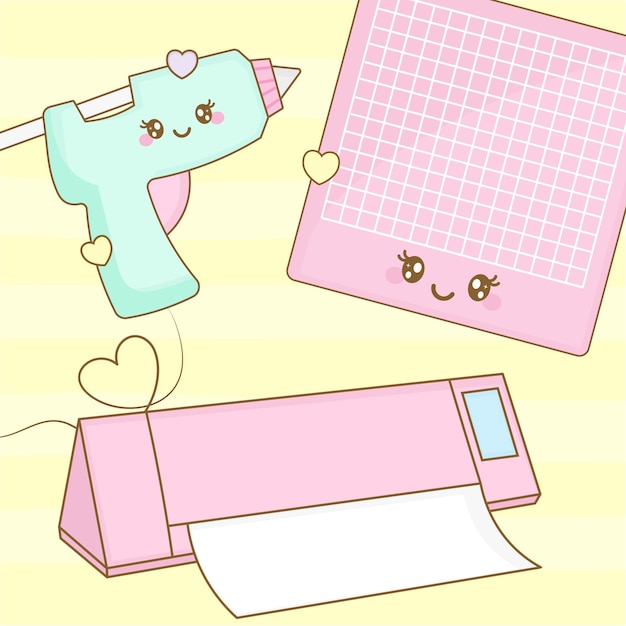 Cute handmade craft icons with care, hot glue gun, pink cute cutting base, pink silhouette, kawaii,