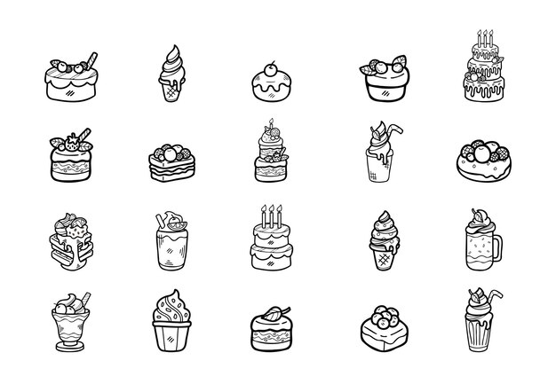 cute handraw doodle desserts bakery set black and white colour