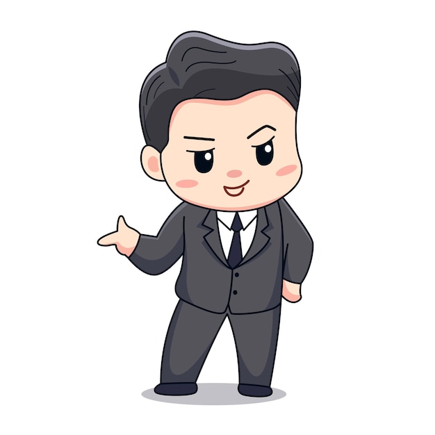 Cute handsome businessman pointing finger with formal suit Kawaii chibi character design