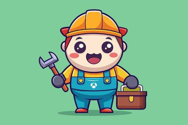 A cute handyman character smiles while holding a wrench and toolbox ready for repairs a cartoon character labor handyman cute cartoon funny kawaii