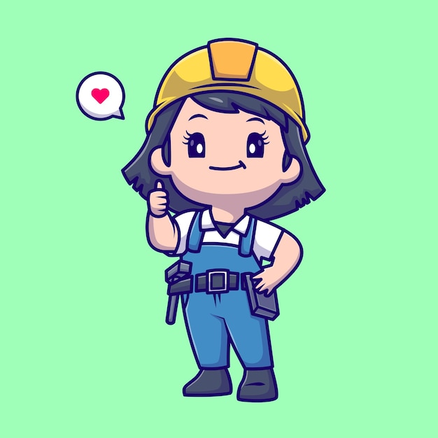 Cute Handywoman Thumbs Up Cartoon Vector Icon Illustration. People Construction Icon Isolated Flat