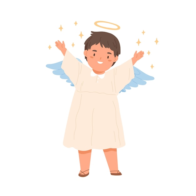 Cute happy angel child with wings, halo and stars around. Little boy in dress with hands raised to heavens. Baptism concept. Colored flat vector illustration of kid soul isolated on white background.